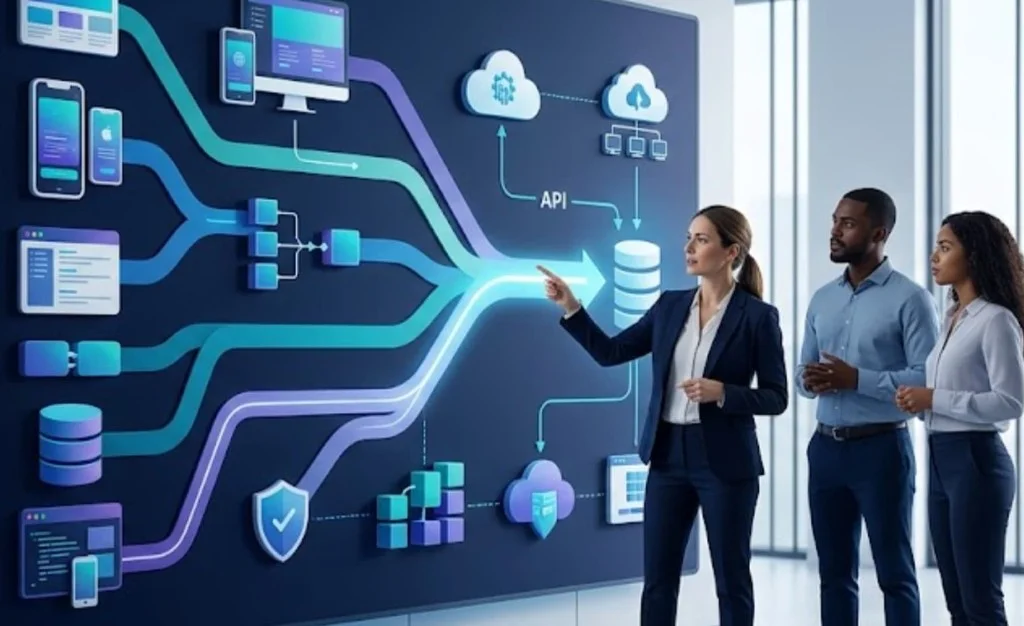 مخطط المجموعة التقنية لشركة ناشئة يوضح الأنظمة والتكاملات