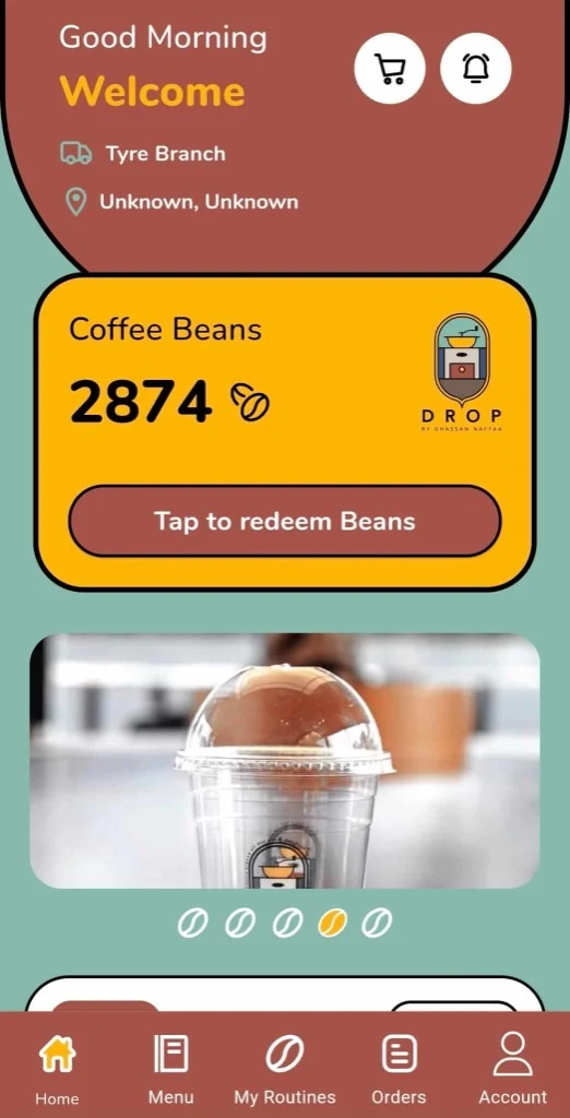 DROP coffee app home with loyalty beans balance and welcome screen