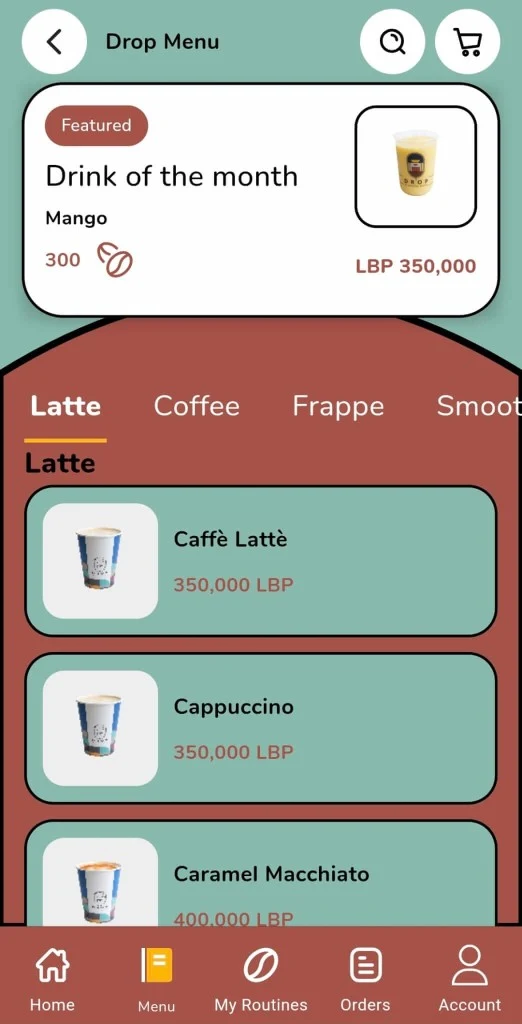 DROP coffee mobile menu with featured drinks and categories