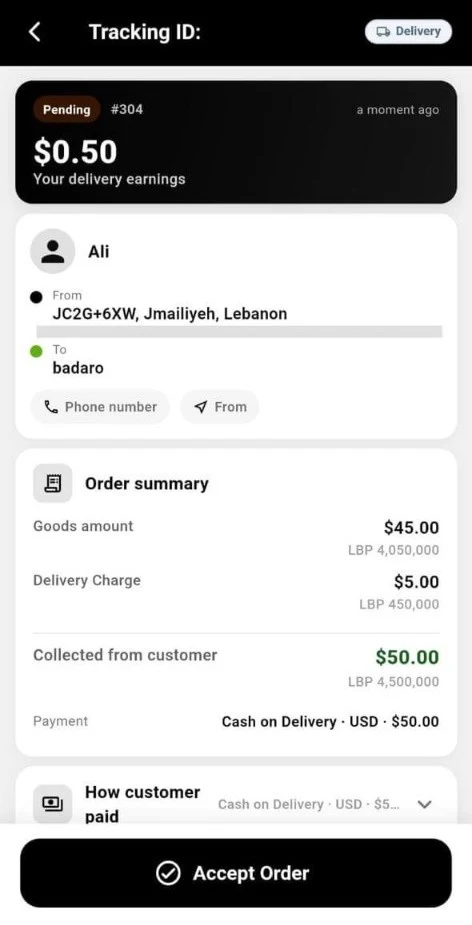 Inside Delivery driver app order acceptance and delivery tracking screen