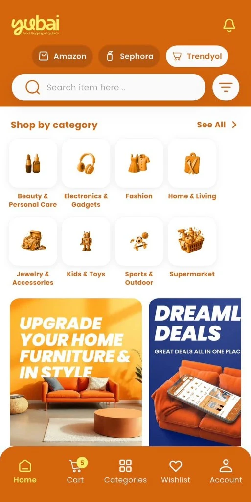 Yubai app home with marketplace store chips and shop-by-category grid