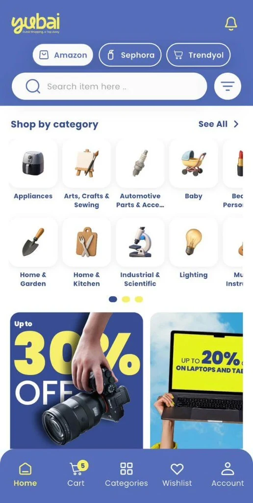 Yubai cross-border shopping app home with categories and promotions