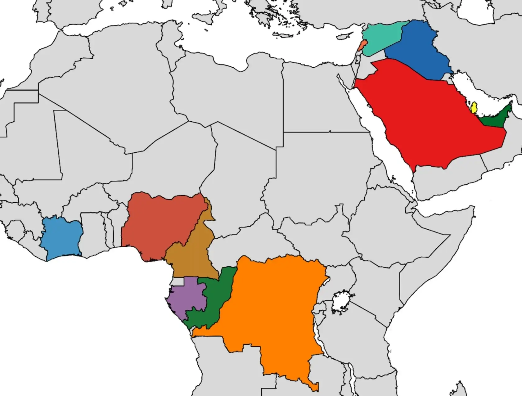 خريطة لأفريقيا والشرق الأوسط مع تمييز الدول التي تعمل فيها ويف وايدر.
